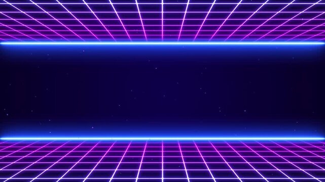 3D Synthwave terrain landscape, digital blue purple glow cyberspace laser neon grid floor perspective, abstract futuristic retrowave poster design, 80s retro arcade game style motion background loop - Powered by Adobe