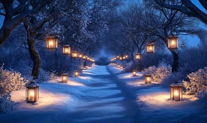 A snow-covered winter path lined with glowing Christmas lanterns, winding through a quiet forest under a canopy of frosted trees and a deep blue night sky