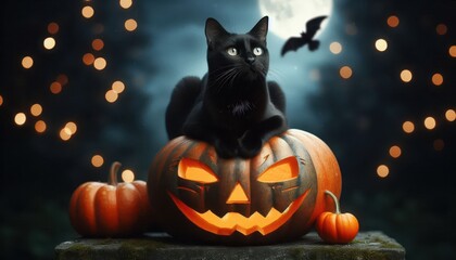 Naklejka premium Black Cat on a Pumpkin