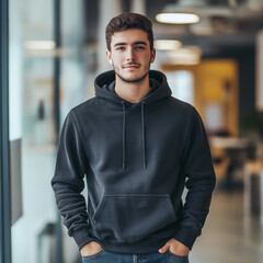 20 year old man with dark hoody in the office