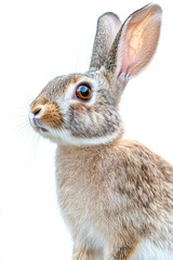 Fototapeta premium Close-up of a curious brown and white rabbit with upright ears against a plain white background.