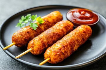 Delicious golden brown skewers served with a side of tangy dipping sauce on a black plate