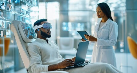 Obraz premium A man experiencing virtual reality in a high-tech lab with advanced brain interface technology and a scientist using digital tablets