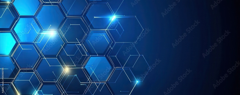 Poster abstract blue background with 3d hexagonal pattern and dynamic light lines creating a futuristic and