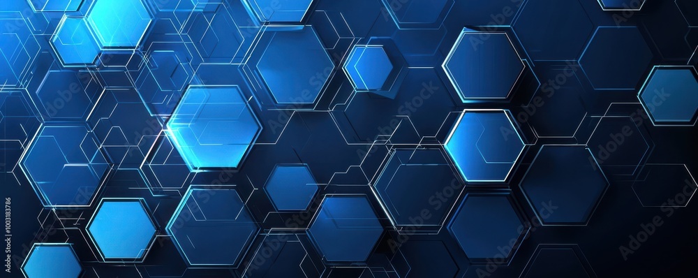 Poster abstract blue background with interconnected light lines and glowing hexagons creating a futuristic 