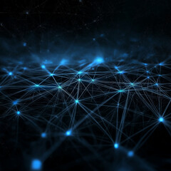 Abstract digital network visualization with glowing blue data points and connected lines on a dark background, futuristic technology theme, high-detail, photorealistic rendering