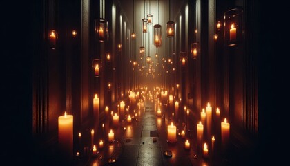 A dimly lit hallway with floating candles and flickering shadows on the walls