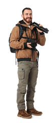 Photographer with backpack and camera on white background