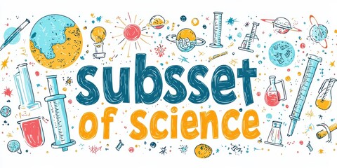 Cartoon-style illustration of the word subset science featuring colorful scientific icons and playful design elements