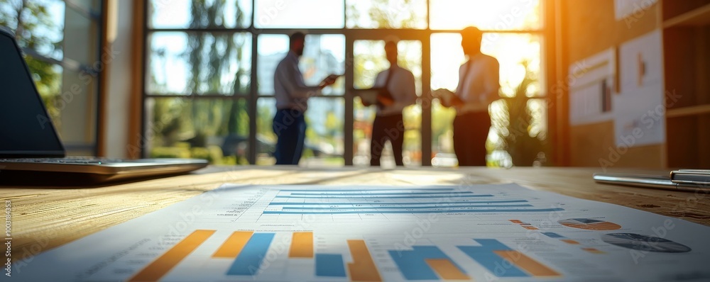 Poster close-up of business documents with graphs on a table in a modern office environment with constructi