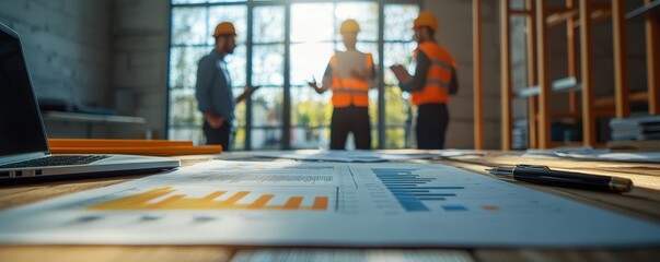 Close-up of business documents with graphs and charts on a desk in a modern office during a meeting