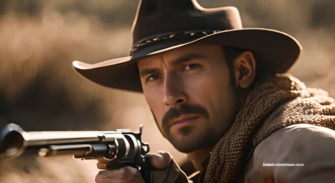 Cowboy with a revolver in the Wild West.
