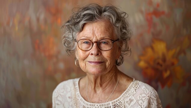 Portrait of an elderly woman with glasses, smiling warmly at the camera against a richly colored background.