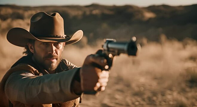 Cowboy with a revolver in the Wild West.