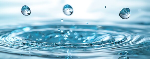 Close-up of three transparent water droplets creating ripples in a calm blue surface with a serene and tranquil atmosphere, capturing the beauty of nature in motion.