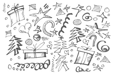 Dodle Christmas symbols, hand draw black felt tip pen, isolated on white