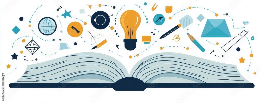 Poster open book with floating creative icons symbolizing knowledge and learning in a flat design