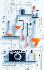 Flat illustration of laboratory equipment showcasing scientific instruments and colorful glassware in a modern style