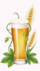 Watercolor illustration showcasing a foaming beer glass within a brewery scene featuring hops barley and leaves to emphasize the crafts essence