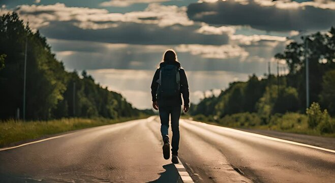 Hitchhiker walking along the road.