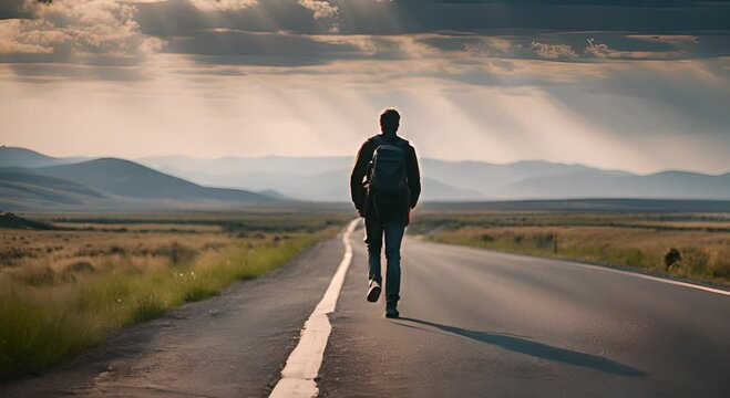 Hitchhiker walking along the road.