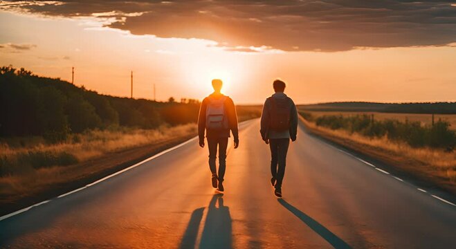 Hitchhikers walking along the road.