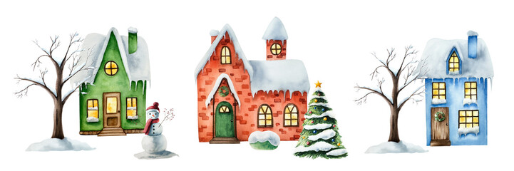 Winter snow-covered houses. Christmas tree, watercolor hand painted illustration isolated on background. For designers, decoration, shop, for postcards, wrapping paper, covers. For posters and textile