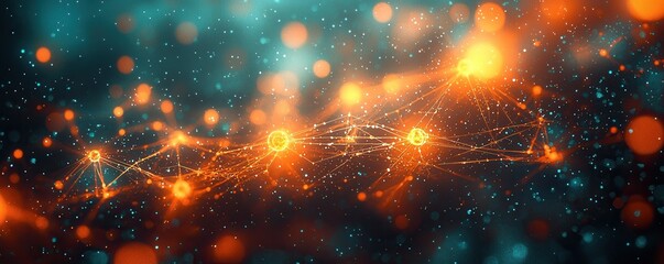 Obraz premium Glowing futuristic molecular background with interconnected particles in vibrant orange and blue hues