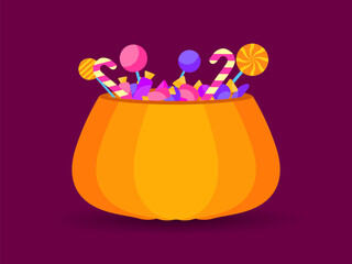 Halloween pumpkin with candies and lollipops. Jack o lantern filled with candies for Halloween treats. Design for printing banners, posters and holiday products. Vector illustration