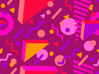 Seamless pattern with 3d geometric shapes in 80s memphis style. Colorful background with isometric geometric shapes. Design for wallpapers, wrappers, covers and banners. Vector illustration