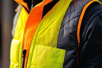 A bright yellow and orange reflective safety vest worn by a worker focusing on high visibility for construction and safety purposes
