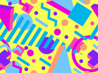 Seamless pattern with 3d geometric shapes in 80s memphis style. Colorful background with isometric geometric shapes. Design for wallpapers, wrappers, covers and banners. Vector illustration