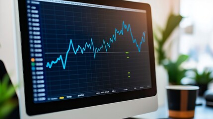 digital composite of business statistics and graph with computer on the background