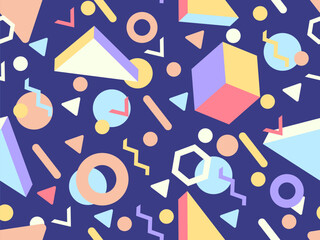 Seamless pattern with 3d geometric shapes in 80s memphis style. Colorful background with isometric geometric shapes. Design for wallpapers, wrappers, covers and banners. Vector illustration