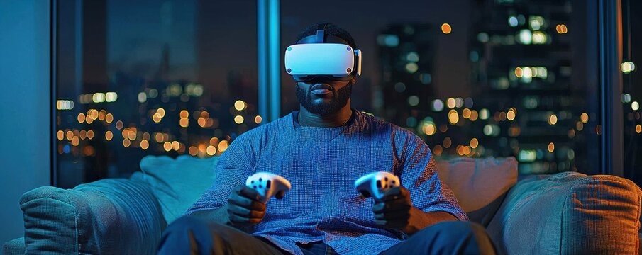 African American man enjoying virtual reality gaming at home in the evening with city skyline in the background