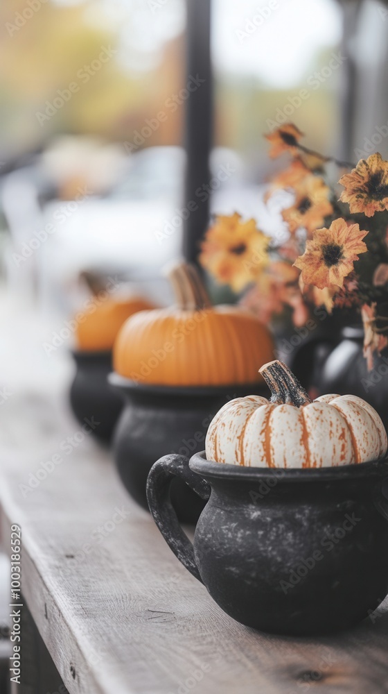 Wall mural A row of pumpkins sitting on top of a wooden table