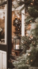 A lantern hanging from a window next to a christmas tree
