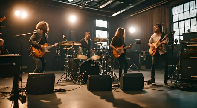 Music band playing in a garage.