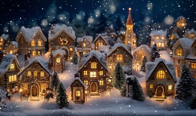 Fototapeta premium Charming Holiday Village with Lit Windows and Snow-Covered Roofs, Capturing Christmas Spirit