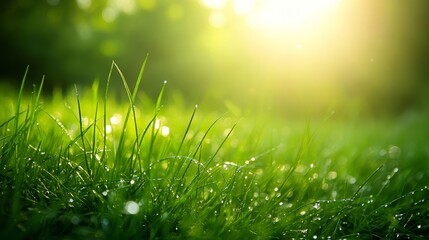 Obraz premium Fresh Morning Grass with Dew in Soft Sunlight