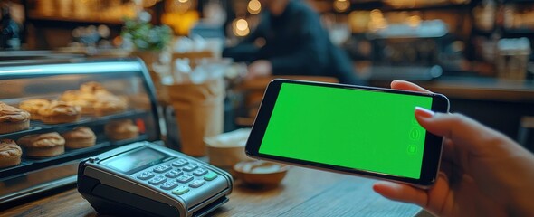 Person using smartphone for contactless payment in a cozy cafe setting with pastry display and digital payment terminal