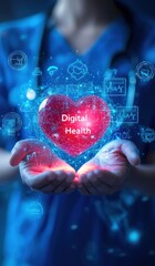 A nurse in blue scrubs holding an illuminated digital heart surrounded by futuristic medical technology and holographic interfaces