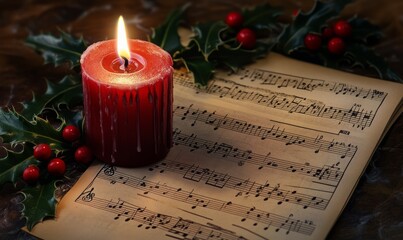 Christmas carol sheet music laid out with a red candle and holly sprigs