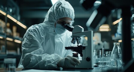 Scientist in protective gear examining samples through a microscope in a modern laboratory setting, focusing on advanced research and scientific discovery.
