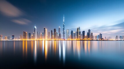 Obraz premium Stunning Dubai Skyline at Dusk Over Water Reflection