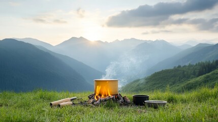 Naklejka premium Serenity of Cooking Over a Campfire in Mountain Landscape