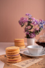 stack, cookie, filled, cream, sugar, dessert, flavored, similar, background, flower, plate, white, morning, cup, biscuit, saucer, right, image, vintage, table, paper