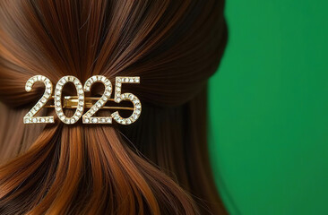 Gold hair clip with rhinestones in the form of the number 2025 against the background of shiny brown hair. copy space