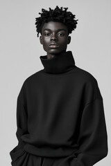 Fototapeta premium dark-skinned model against white background, he is wearing a black turtleneck pullover, vertical