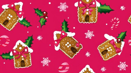 A pink background with gingerbread houses and stars,